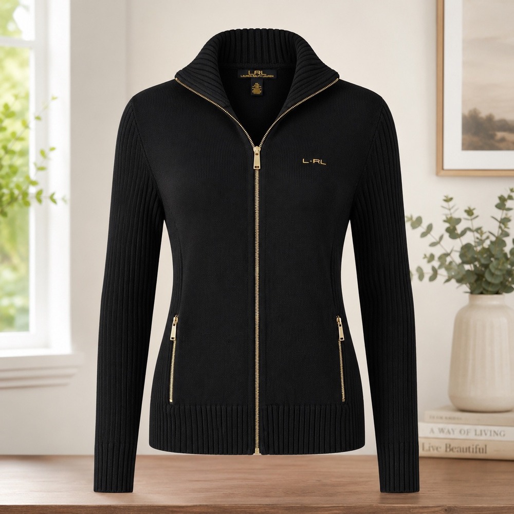 LRL Lauren Ralph Lauren Full Zip Sweater Jacket Womens XL Black Capsule Wardrobe